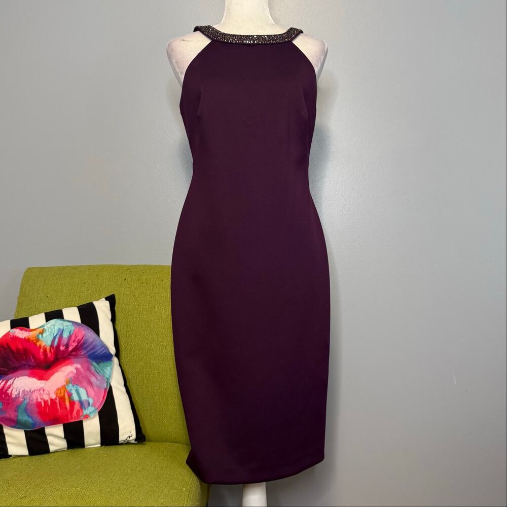 Calvin Klein Purple Beaded Neck Cocktail Sheath Dress 8